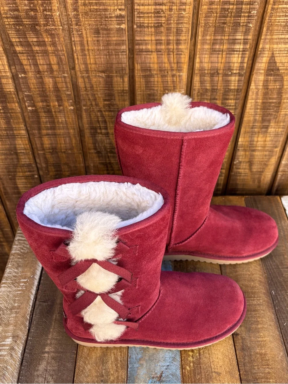 Koolaburra By UGG Victoria Red Wine Color Tall Boots With Pom-Pom Bows